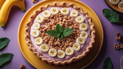 Canvas Print - Delicious Banana Crisp Pie with Custard and Mint on Yellow Plate Against Pastel Purple Background for Culinary or Dessert Advertising