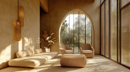 Wall Mural - Minimalist living room with wicker furniture large window and natural light creating a serene and inviting atmosphere