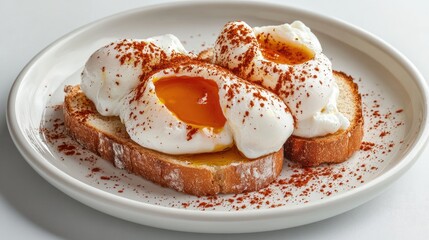 Wall Mural - Delicious Organic Breakfast featuring Poached Eggs with Olive Oil, Paprika on Toasted Bread for a Healthy Start