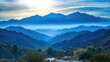 © NeuralNiche - Tranquil mountain landscape with layered peaks and soft blue hues under a serene sky at sunrise or sunset