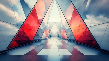 Wall Mural - Abstract architectural scene with red and gray triangular elements, reflective surfaces, and a cloudy sky background. Futuristic and symmetrical