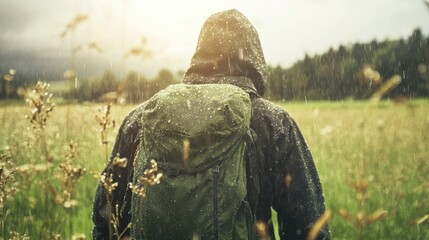 Adventurous hiker embracing rainy weather in a lush green field nature outdoor exploration captivating atmosphere