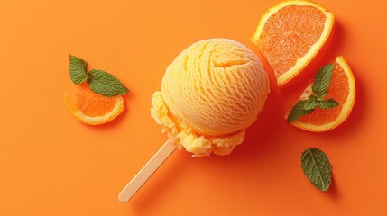 Poster - Homemade Orange Ice Cream with Mint Leaves and Fresh Orange Slices on Bright Orange Background