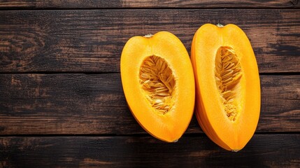 Wall Mural - Halved Orange Pumpkin on Rustic Wooden Surface Healthy Eating Concept Overhead View