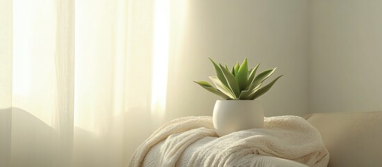 Wall Mural - Succulent plant in minimalist brick vase on cozy blanket in serene modern living room with neutral decor and soft natural light