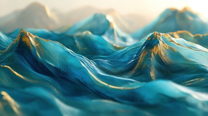 Poster - Abstract turquoise and gold landscape, flowing waves, mountain range.