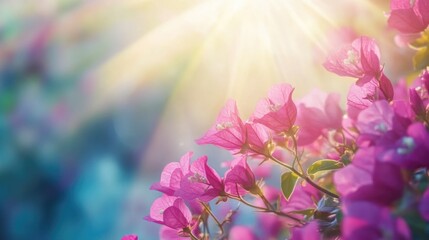 Wall Mural - Close up of vibrant pink bougainvillea flowers basking in sunlight with a soft-focus background and ample empty space for text insertion