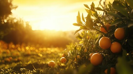 Wall Mural - Sunset over an orange grove showcasing ripe fruits on trees in an agricultural landscape filled with warm natural light.