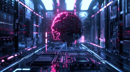 Wall Mural - Futuristic digital brain in a server room.