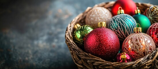 Canvas Print - Festive basket filled with vibrant Christmas ornaments showcasing rich textures and colors perfect for holiday decorations with space for text