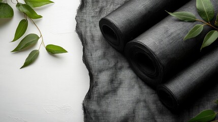 Empty black fabric rolls on white background with green foliage creating a modern design element for creative textile and decor concepts.