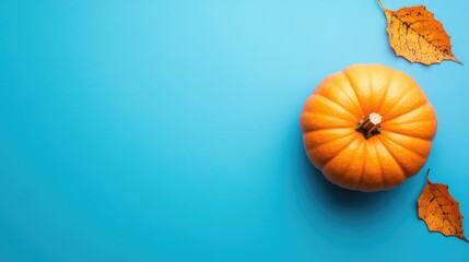 Wall Mural - Orange Pumpkin Styled on a Bright Blue Background with Autumn Leaves in a Minimalist Flat Lay Composition Top View