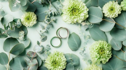 Wall Mural - Green wedding rings surrounded by spring flowers and foliage on a soft green background representing a festive wedding theme.