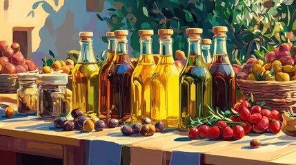 Poster - Artisan Olive Oil Bottles Displayed at a Vibrant Market with Fresh Produce and Natural Elements in a Rustic Setting