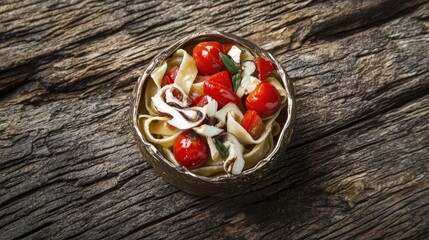 Wall Mural - Homemade tagliatelle with cherry tomatoes basil and olive oil served in a rustic bowl on a wooden table Traditional Italian cuisine top view