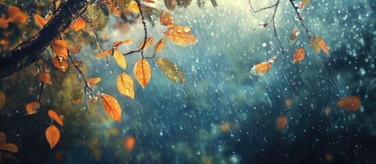 Wall Mural - autumn rainy evening with raindrops on window and vibrant green tree background creating a calm and 