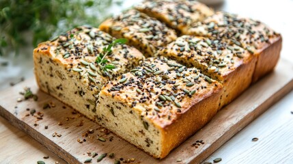 Wall Mural - Homemade Vegan Bread with Seeds on Wooden Board Healthy Plant-Based Lifestyle Rustic Presentation