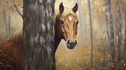 Wall Mural - horse peeking from behind a tree in a serene forest setting surrounded by autumn foliage and soft na