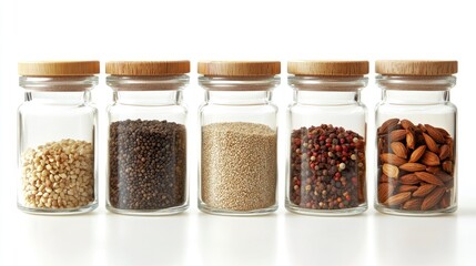 Sticker - Organized Kitchen Spices in Clear Glass Jars with Wooden Lids on Bright Wooden Shelves for Culinary Aesthetics and Efficiency