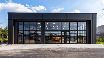 Wall Mural - Modern commercial building facade featuring large glass windows framed in sleek black aluminum with ample copy space for promotional text