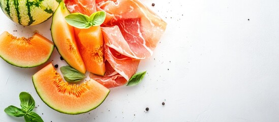 Prosciutto and melon slices arranged on a white background with fresh basil leaves and blank space for text.