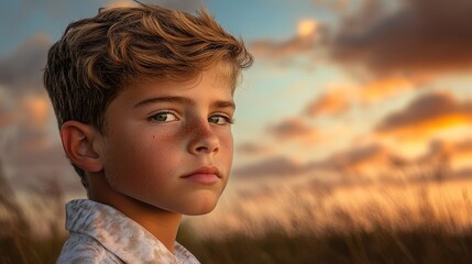 Wall Mural - boy gazing introspectively outdoors at summer sunset with warm hues and soft grass background, captu