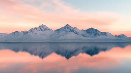 Wall Mural - serene lake at sunset with snowcapped mountains reflecting in calm waters ideal for tranquil escape 