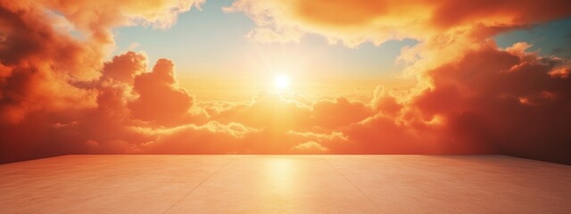 Wall Mural - dramatic sunset sky with vibrant orange and red clouds golden glow and blue backdrop empty space for