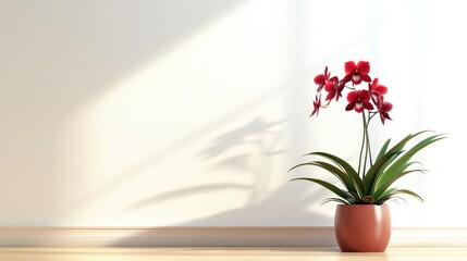 Wall Mural - Vibrant red orchid flower in decorative pot showcasing elegance against a minimalistic white wall background with soft shadows.