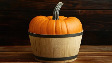 Canvas Print - Festive orange pumpkin in a rustic wooden bucket celebrating Halloween harvest season with warm autumn ambiance