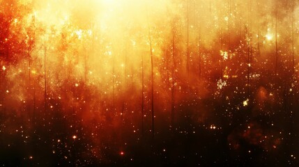 Wall Mural - Abstract cosmic background with warm golden and red hues, featuring a textured, glowing effect and scattered light particles. Darker areas create