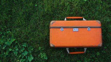 Vintage orange suitcase resting on lush green grass in a serene outdoor setting highlighting travel and adventure themes.