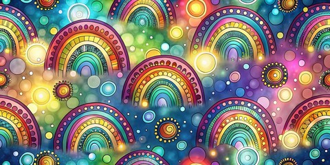 Wall Mural - Boho Rainbow Doodle Background: Vibrant Colorful Repeat Pattern with Bokeh Effect