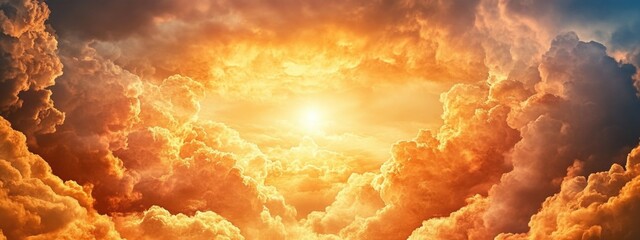 Wall Mural - dramatic sunset sky with vibrant orange and red clouds illuminating a golden glow against a blue bac