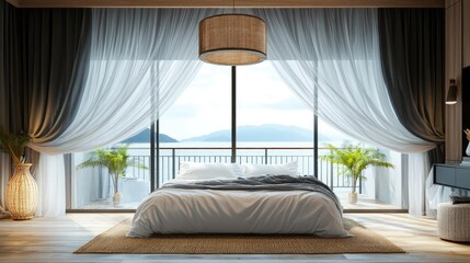 Poster - Serene coastal bedroom featuring jute rugs, dark valance, sheer gray curtains, and a stunning balcony view of the sea.