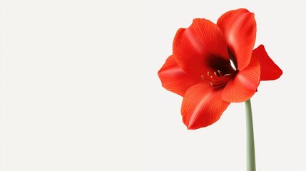 Wall Mural - vibrant red trumpet-shaped amaryllis flower with wide petals on a tall stem against a soft empty bac