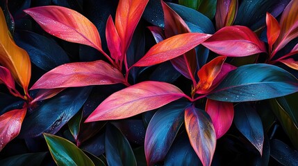 Sticker - Vibrant close-up of tropical plant leaves showcasing rich colors and textures for botanical and nature-themed designs.