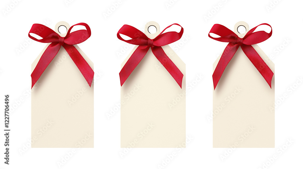 Foto Three cream gift tags with red ribbon bows image set isolated ...