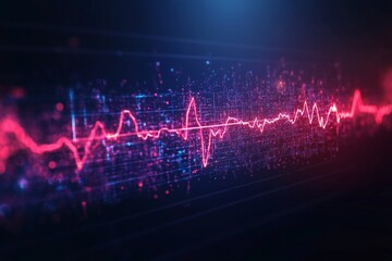Red digital wave is flowing across data matrix background, creating a futuristic technological concept