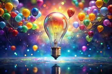 Wall Mural - Brightly Colored Lightbulb & Balloons: Whimsical Floating Fantasy Stock Photo