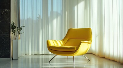 Wall Mural - Minimalist lemon yellow armchair in bright living room with sheer curtains creating a spacious and inviting atmosphere