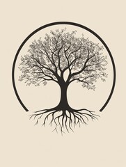 Aufkleber - Elegant tree of life display featuring intricate roots and leaves in a harmonious circular design. Generative AI