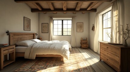 Wall Mural - Cozy minimalist bedroom with rustic wooden furniture and warm natural light enhancing tranquility and simplicity