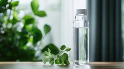 Wall Mural - Modern minimalist glass water bottle showcasing hydration with natural greenery in soft, well-lit indoor environment.