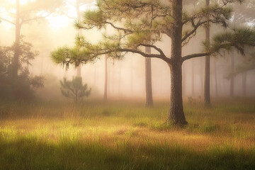 Wall Mural - Misty sunrise in a pine forest clearing