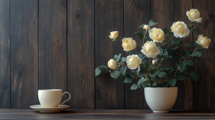 Wall Mural - Elegant floral composition with yellow rose buds in a pot and a tea cup on dark wood, ideal for minimalist interior decor and relaxation settings.