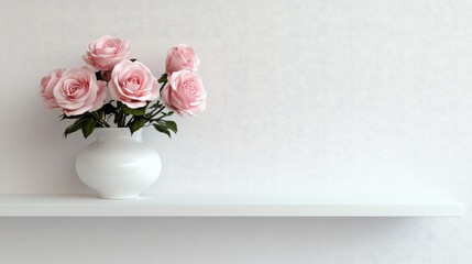 Wall Mural - Empty minimalist shelf showcasing a beautiful arrangement of fresh pink roses in a white vase against a soft background.