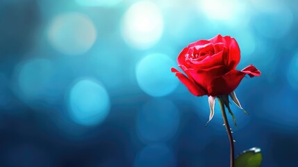 Wall Mural - elegant red rose against a dreamy blue bokeh background with ample space for personalized text or me