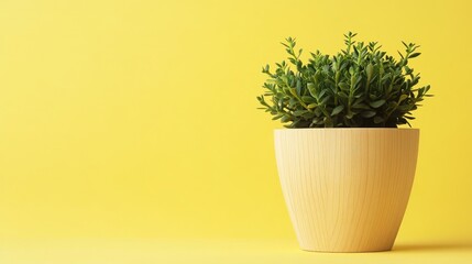 Wall Mural - Solid wood plant pot filled with greenery against vibrant yellow background ideal for product display or marketing purposes