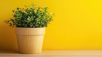 Wall Mural - Solid wood plant pot with greenery on vibrant yellow background for product display or montage uses high quality photo composition